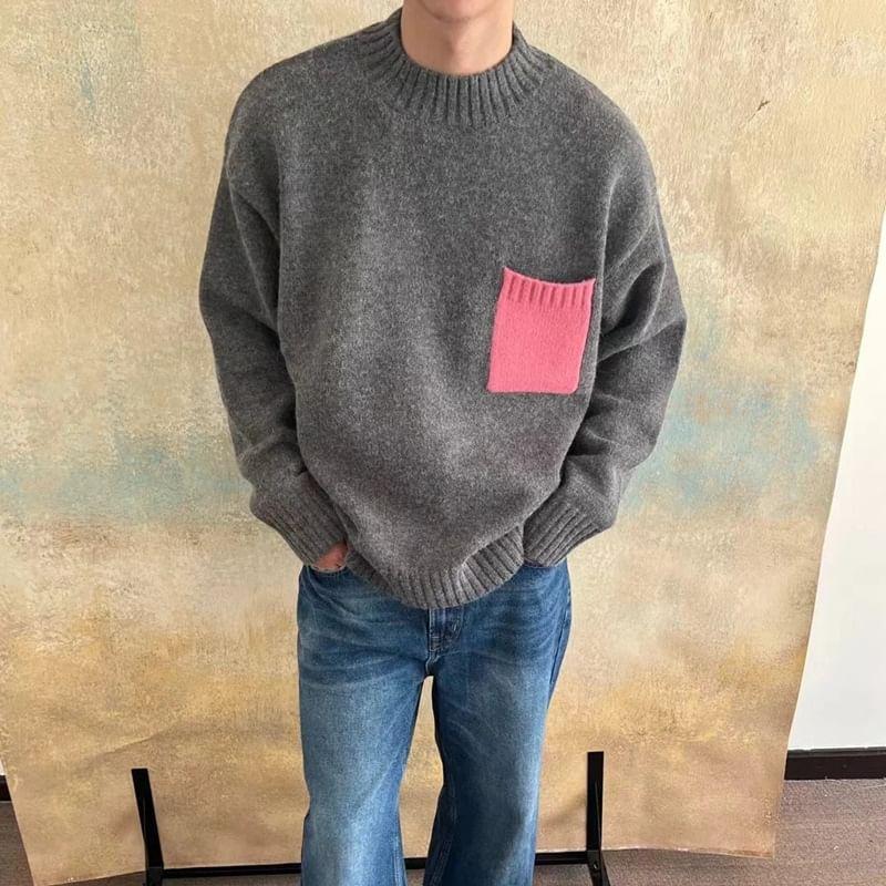 Long-Sleeve Crew Neck Two-Tone Sweater Product Image