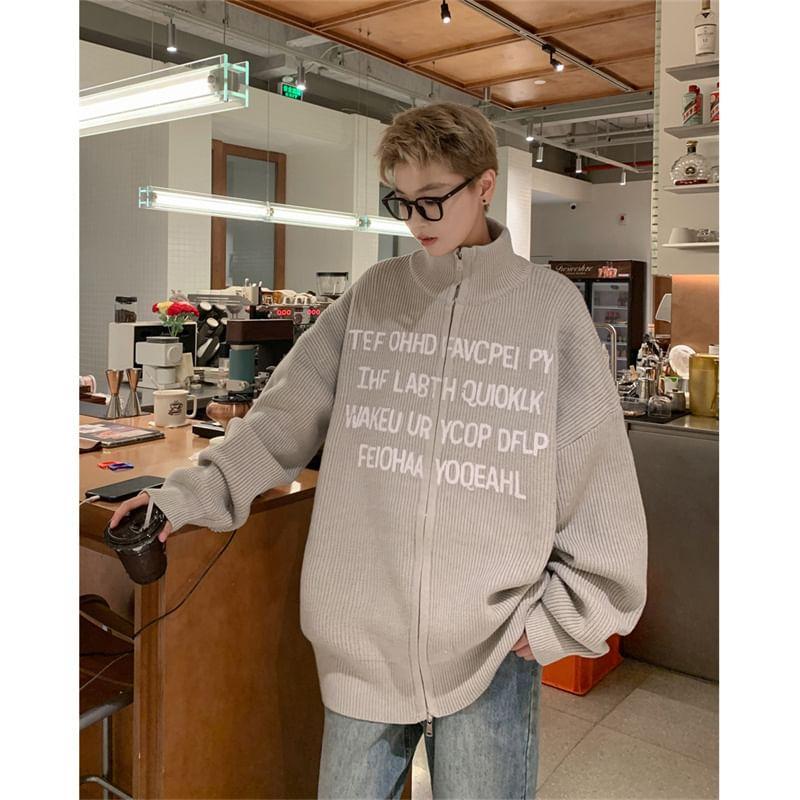 Stand Collar Lettering Zip Up Cardigan Product Image