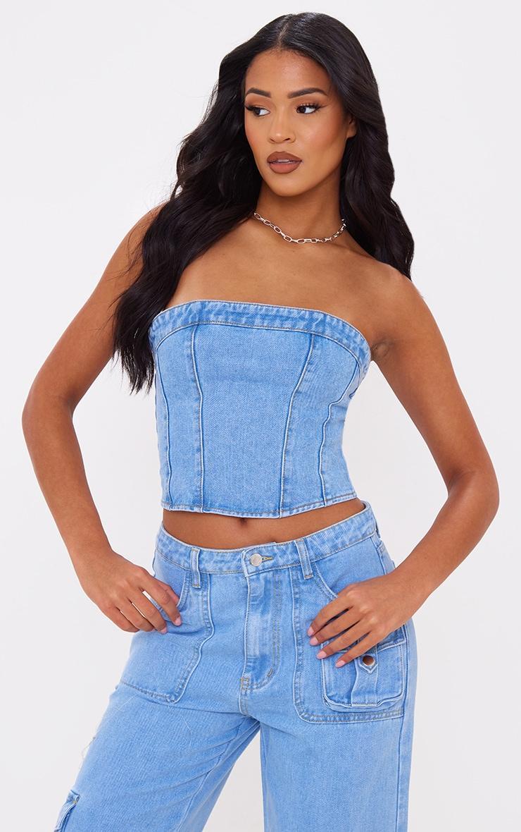 Tall Light Blue Wash Denim Corset Top Product Image