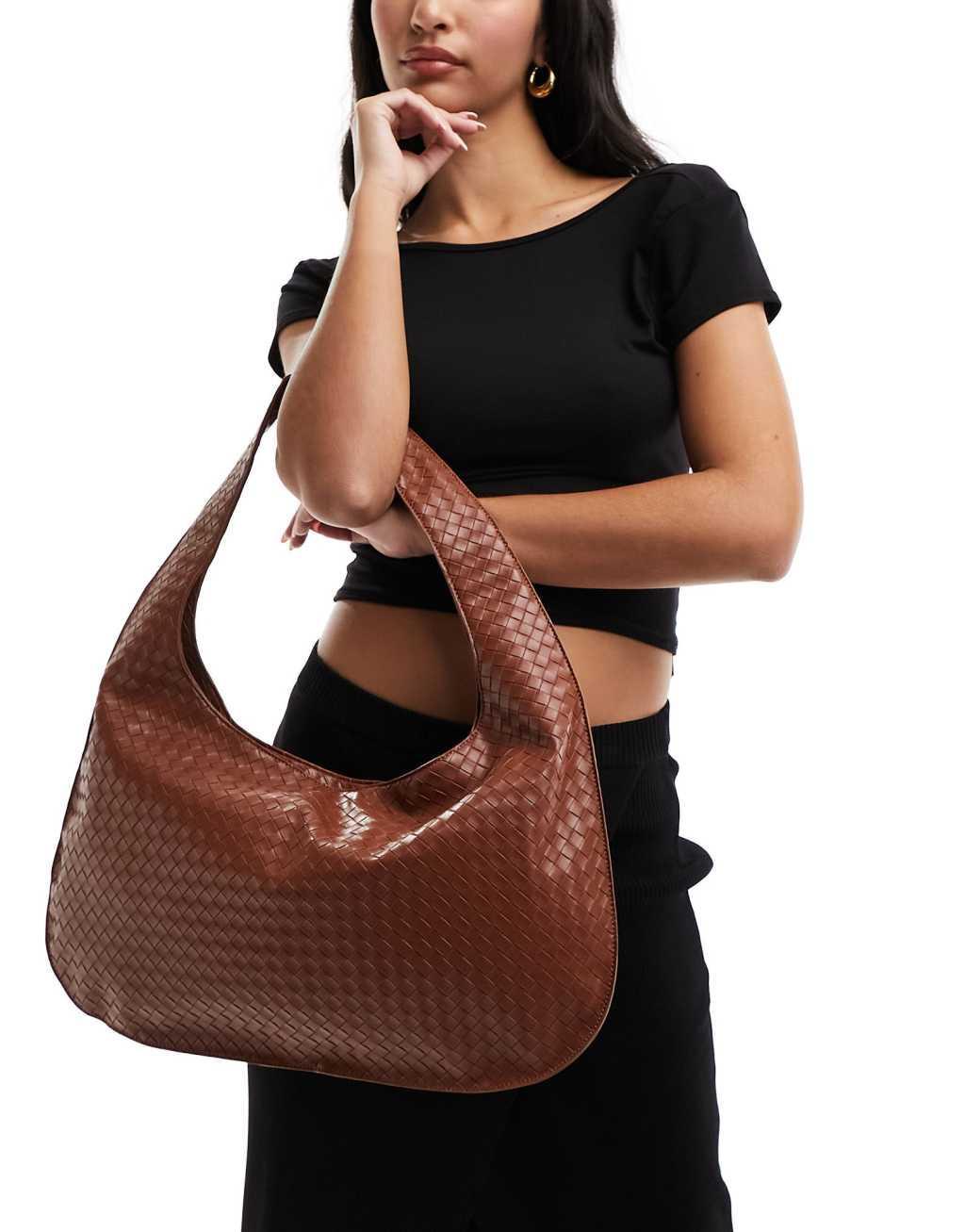 Glamorous woven shoulder tote bag in brown Product Image