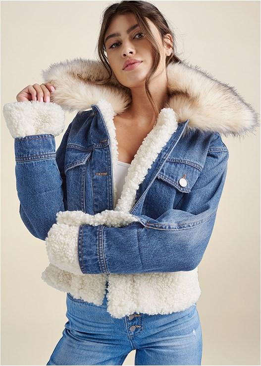 Faux-Fur Trim Trucker Jean Jacket Product Image