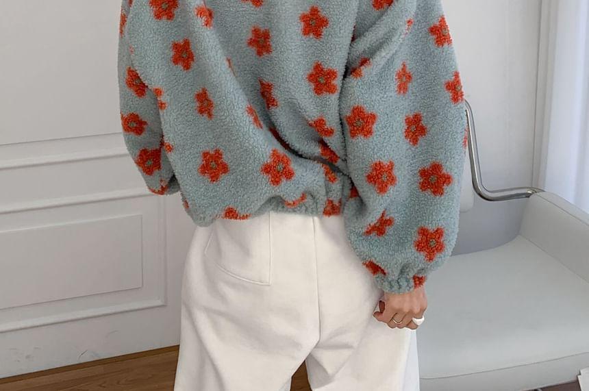 Long-Sleeve Floral Fleece Loose-Fit Sweatshirt Product Image