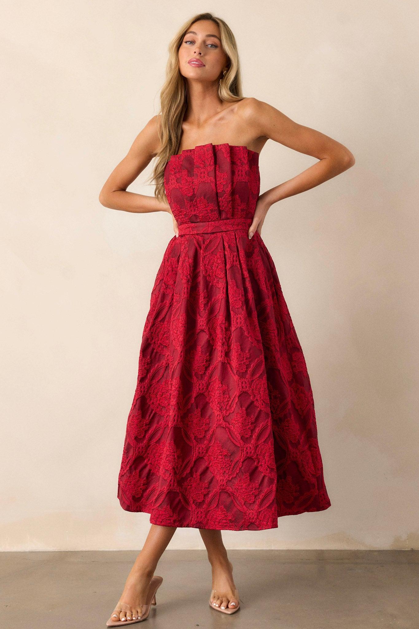 Moonstone Dreams Ruby Red Floral Jacquard Midi Dress Product Image