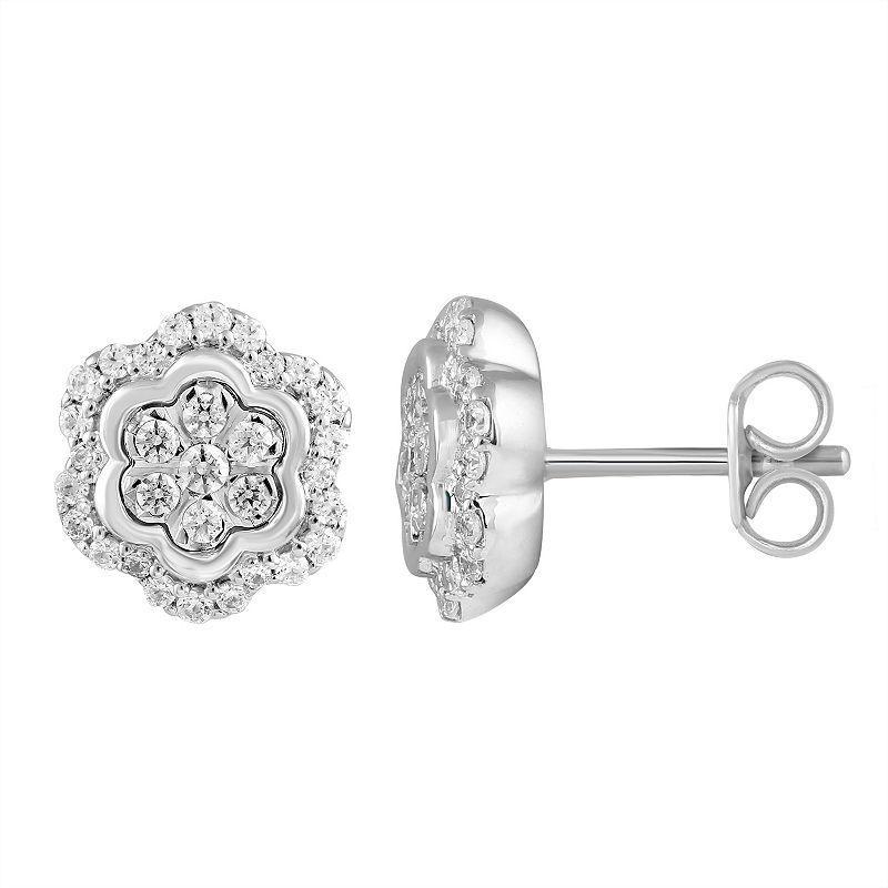 Sterling Silver 1/2 Carat T.W. Diamond Floral Cluster Stud Earrings, Womens Product Image