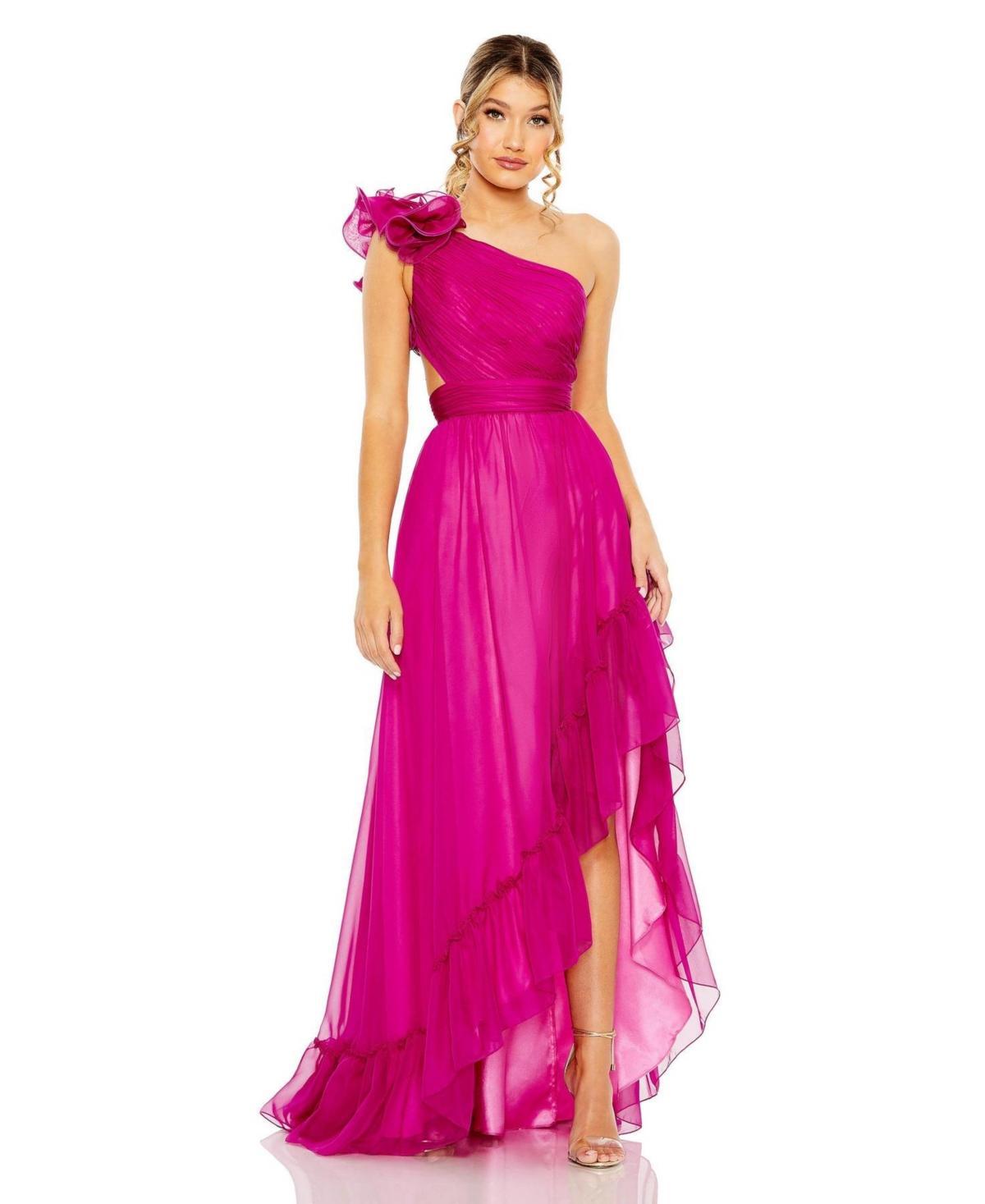 Womens Ruffled One Shoulder Asymmetrical Gown Product Image