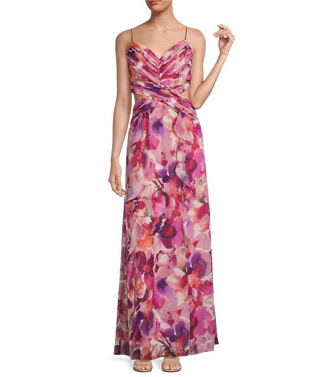 Xscape Floral V-Neck Spaghetti Strap Side Cut-Out Gown Product Image