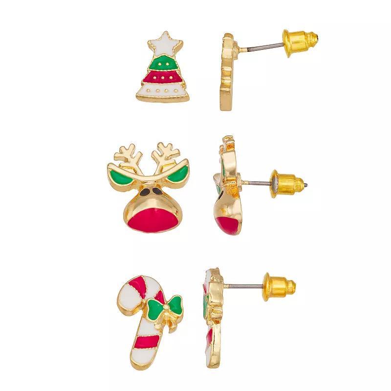 Celebrate Together Gold Tone Tree, Reindeer, & Candy Cane Stud Earring Set, Womens, Multi Product Image