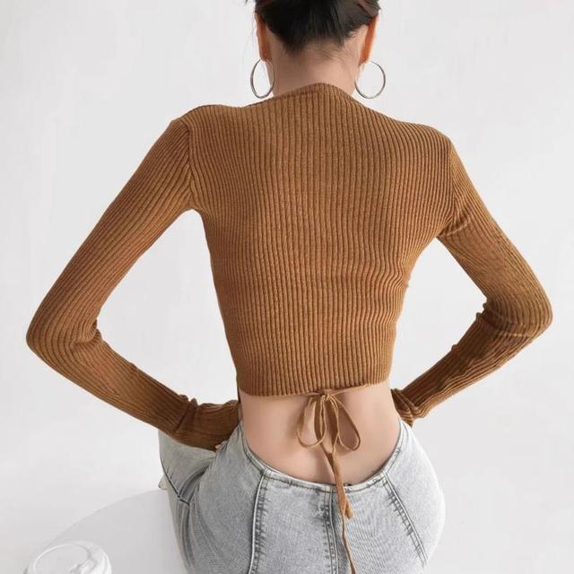 Long-Sleeve Crew Neck Button Ribbed Crop Knit Top Product Image