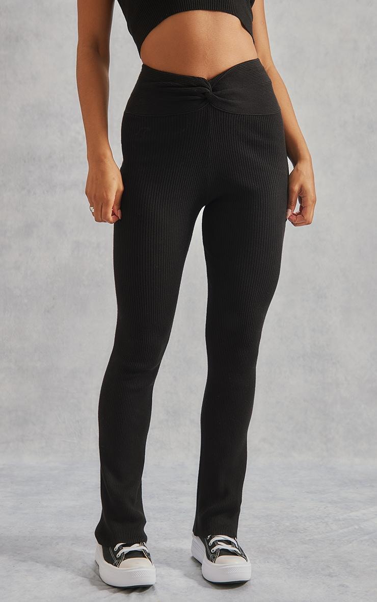 Black Rib Knit Dipped Waist Pants Product Image