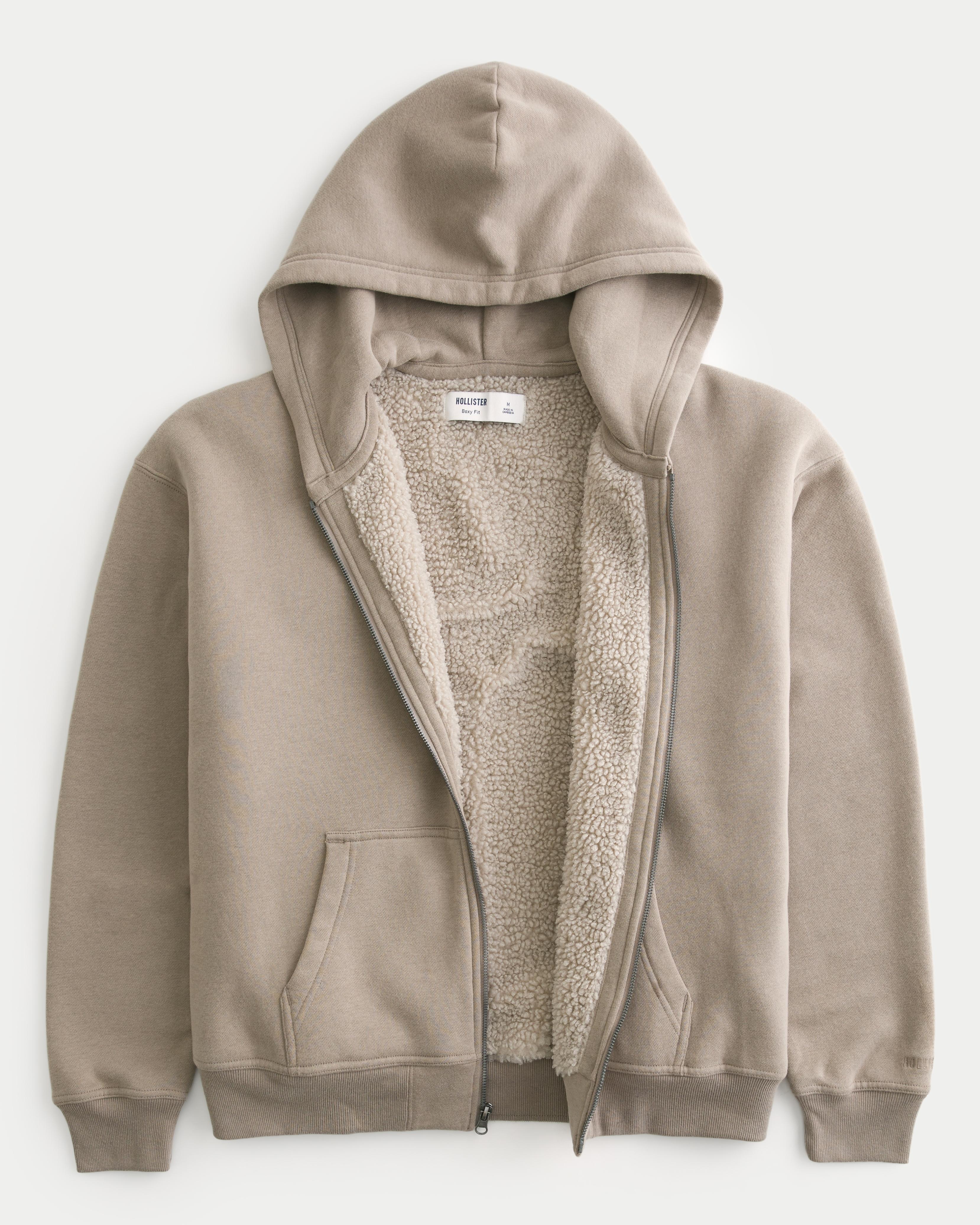 Boxy Faux Shearling-Lined Zip-Up Hoodie Product Image