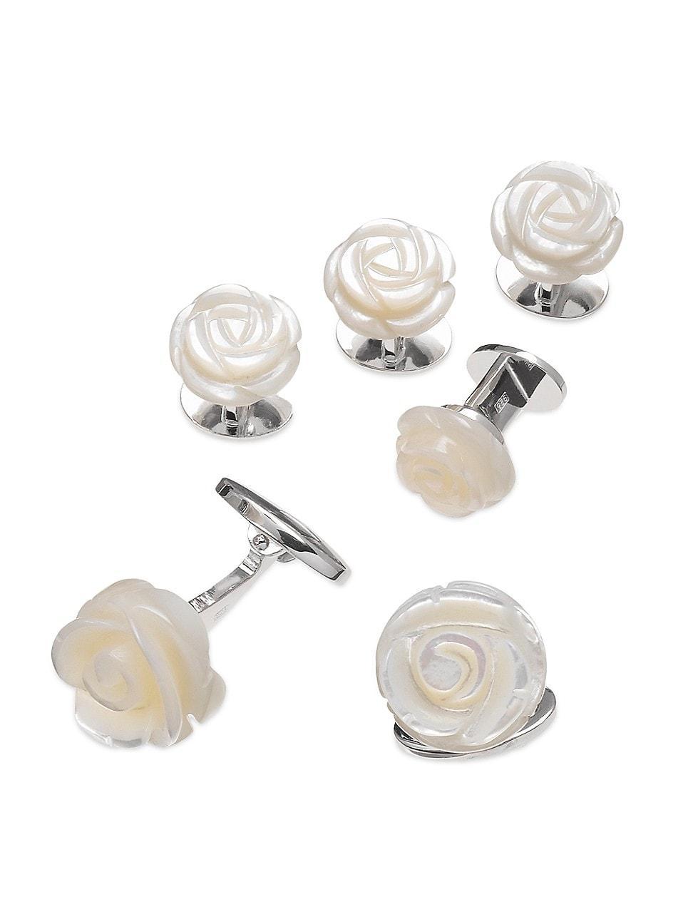 Mens 6-Piece Sterling Silver & Carved Mother-of-Pearl Rose Stud & Cufflinks Set Product Image