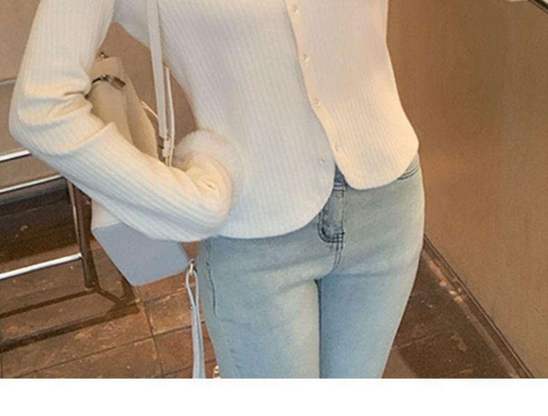 Plain Fluffy Trim Ribbed Cardigan Product Image