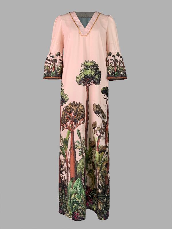 Flared Sleeves Loose Leaves Print V-Neck Maxi Dresses Product Image