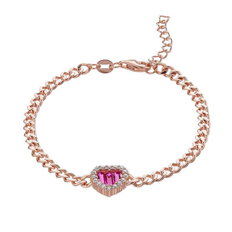 18k Rose Gold Over Silver Red & White Cubic Zirconia Heart Adjustable Tennis Bracelet, Womens Pink Tone Product Image