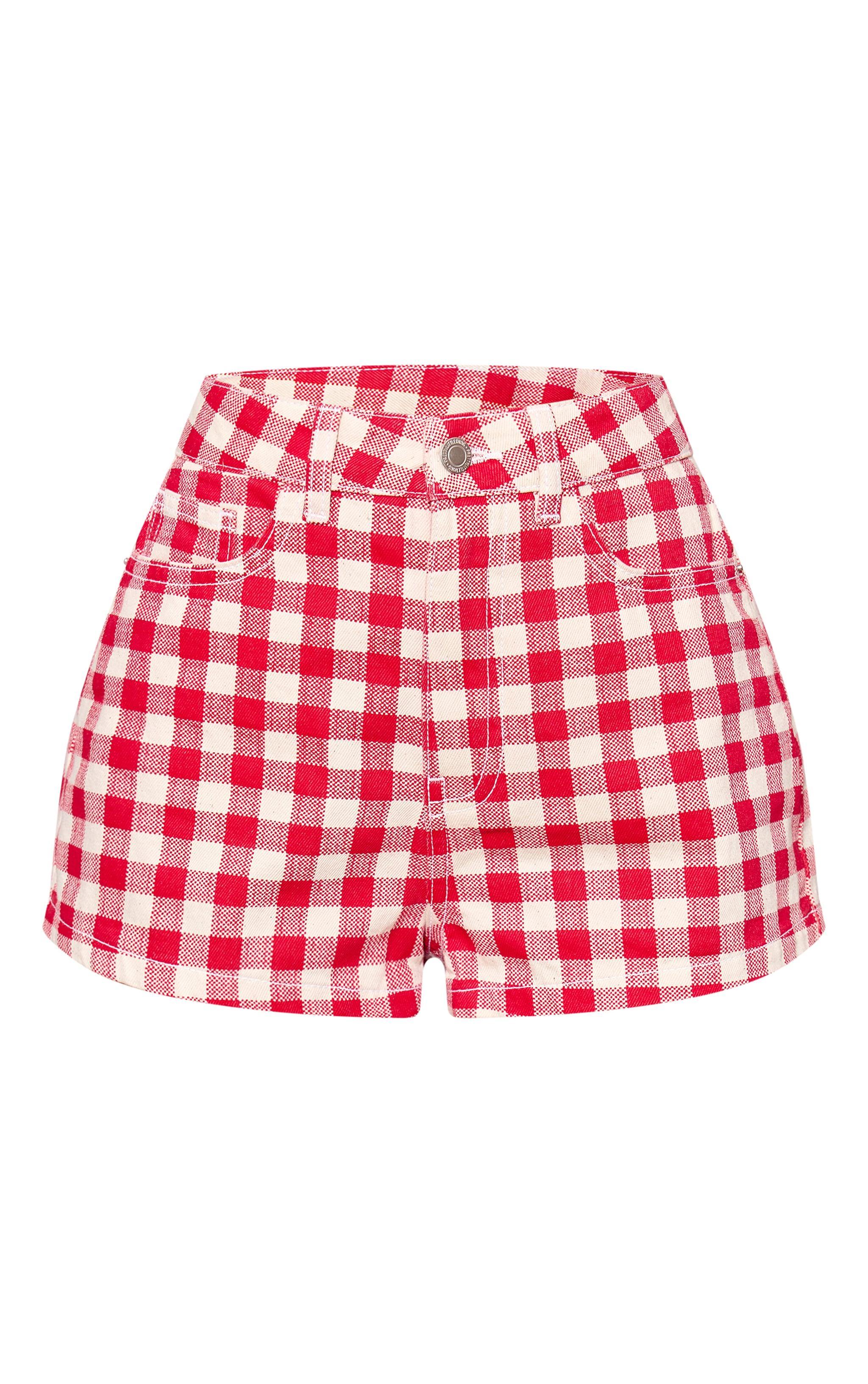 Red And White Gingham Denim Hot Pant Product Image