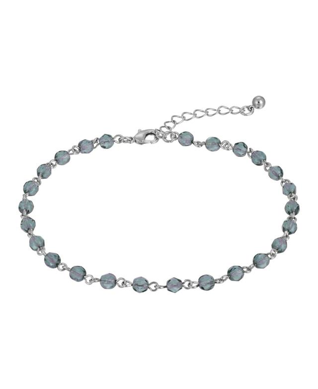 1928 Silver Tone Blue Beaded Chain Anklet, Womens Product Image