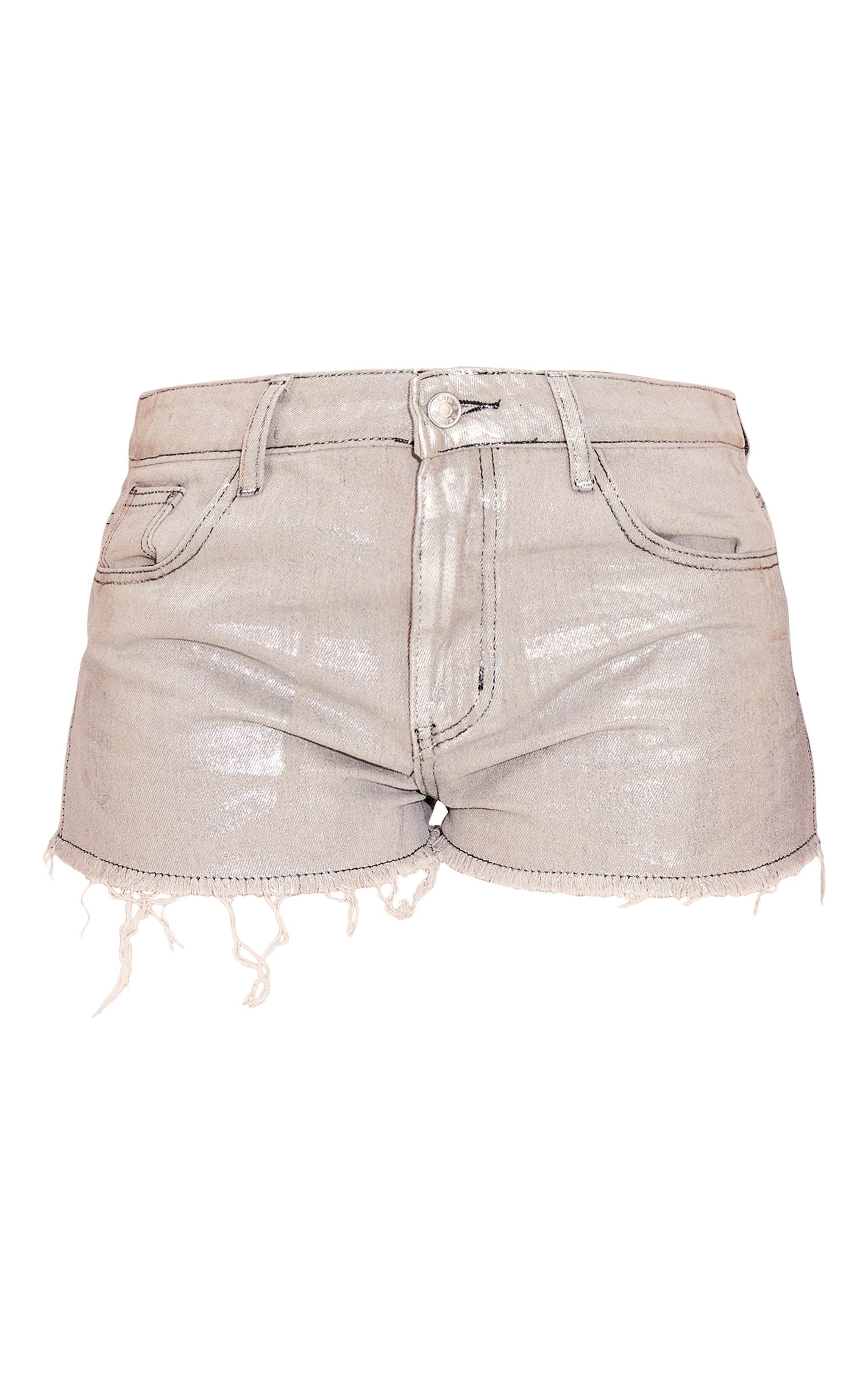 Petite Silver Metallic Denim Frayed Hem Shorts Product Image