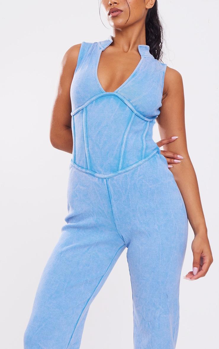 Blue Seam Detail Straight Leg Rib Jumpsuit Product Image