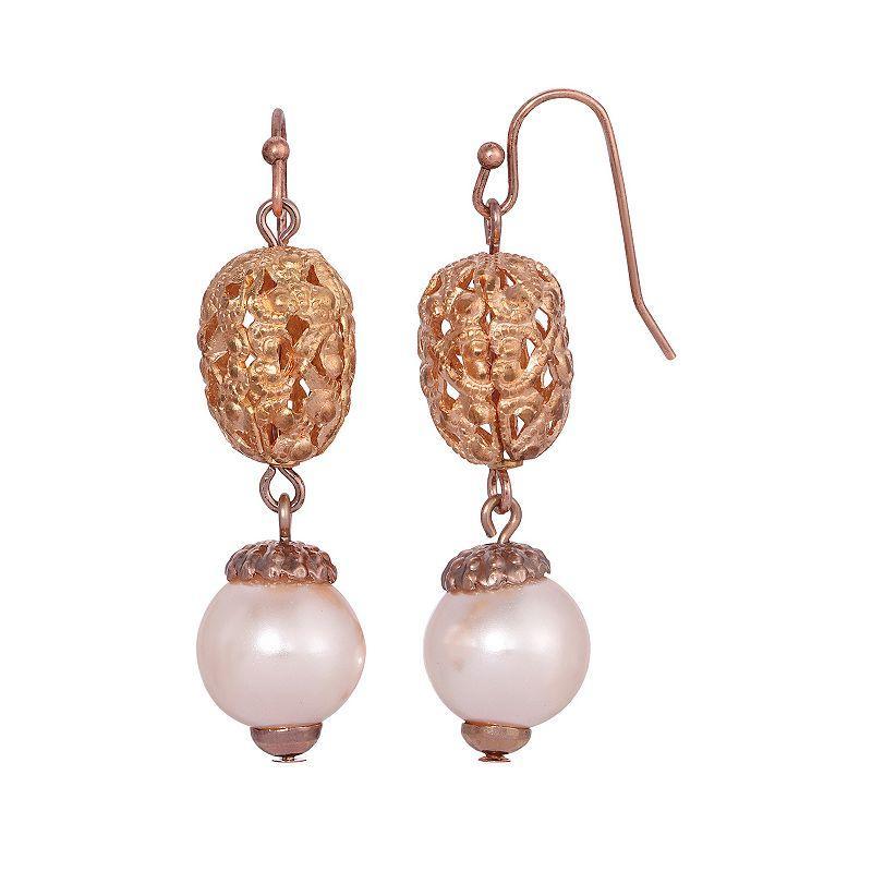 1928 Rose Gold Tone Filigree Faux Pearl Drop Earrings, Womens, White Product Image