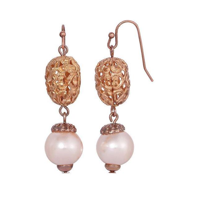 1928 Rose Gold Tone Filigree Faux Pearl Drop Earrings, Womens, White Product Image