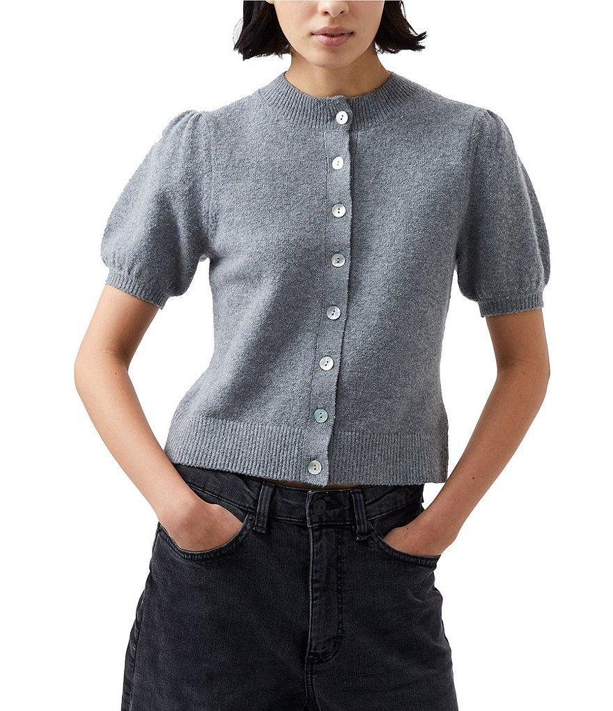 French Connection Vhari Knit Crew Neck Short Puff Sleeve Button Front Cardigan Top Product Image