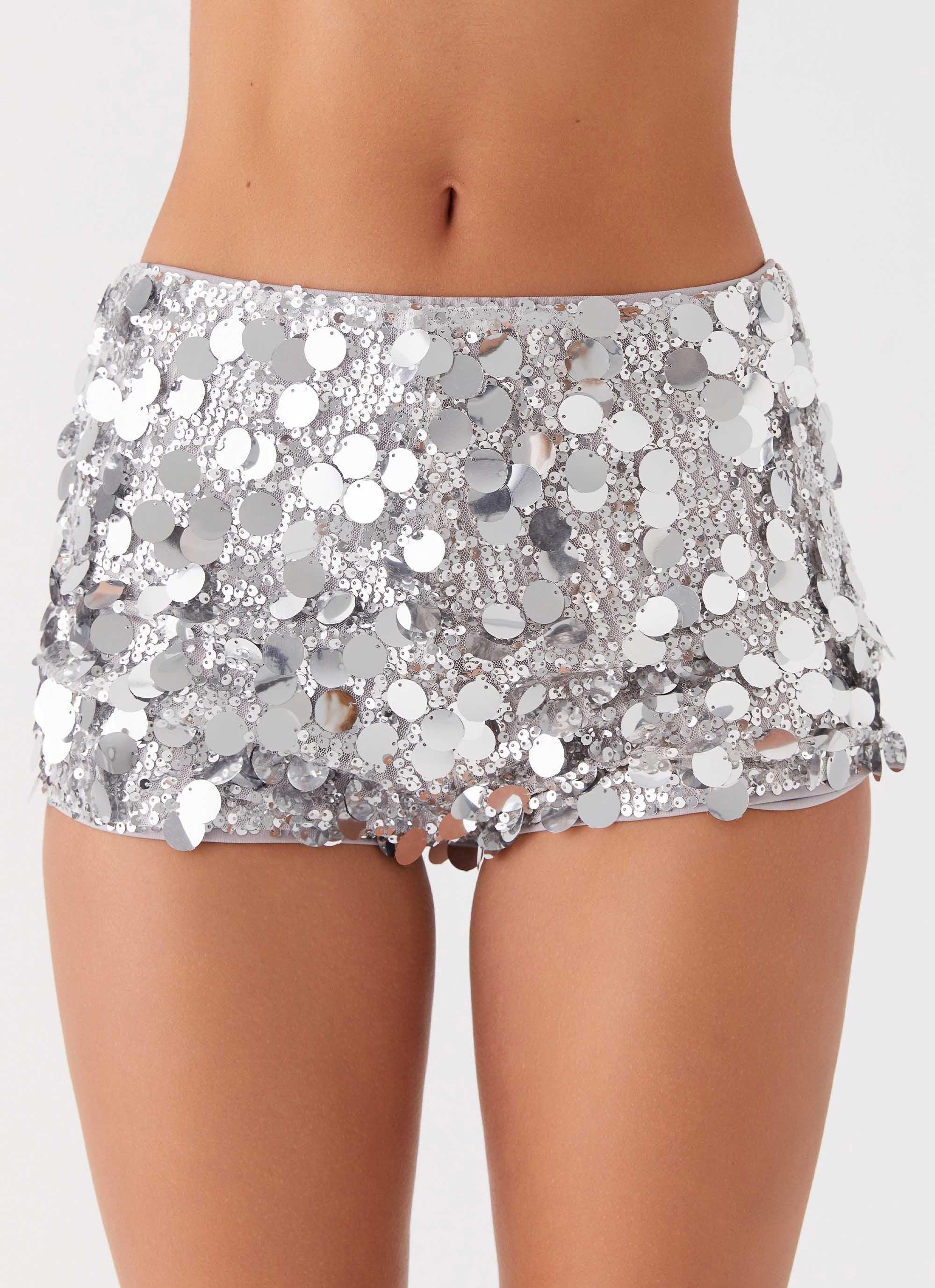 Try Me Sequin Mini Shorts - Silver Product Image