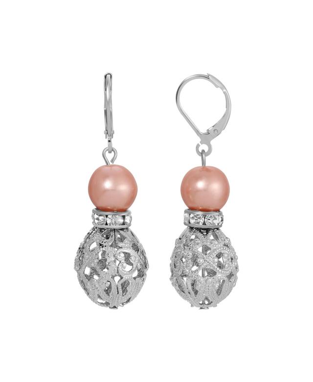 1928 Silver Tone Filigree Faux Pearl Drop Earrings, Womens, Beige Product Image