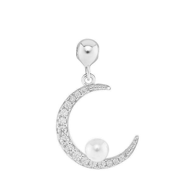 PRIMROSE Sterling Silver Pave Cubic Zirconia Crescent Moon With Dyed Simulated Glass Pearl Sliding Charm, Womens, Grey Product Image