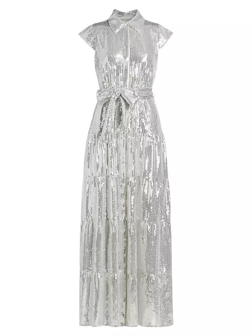 Miranda Sequined Tie-Waist Tiered Maxi Shirtdress Product Image