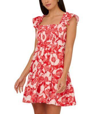 Adrianna by Adrianna Papell Womens Floral Print Smocked A-Line Dress - Orange Product Image