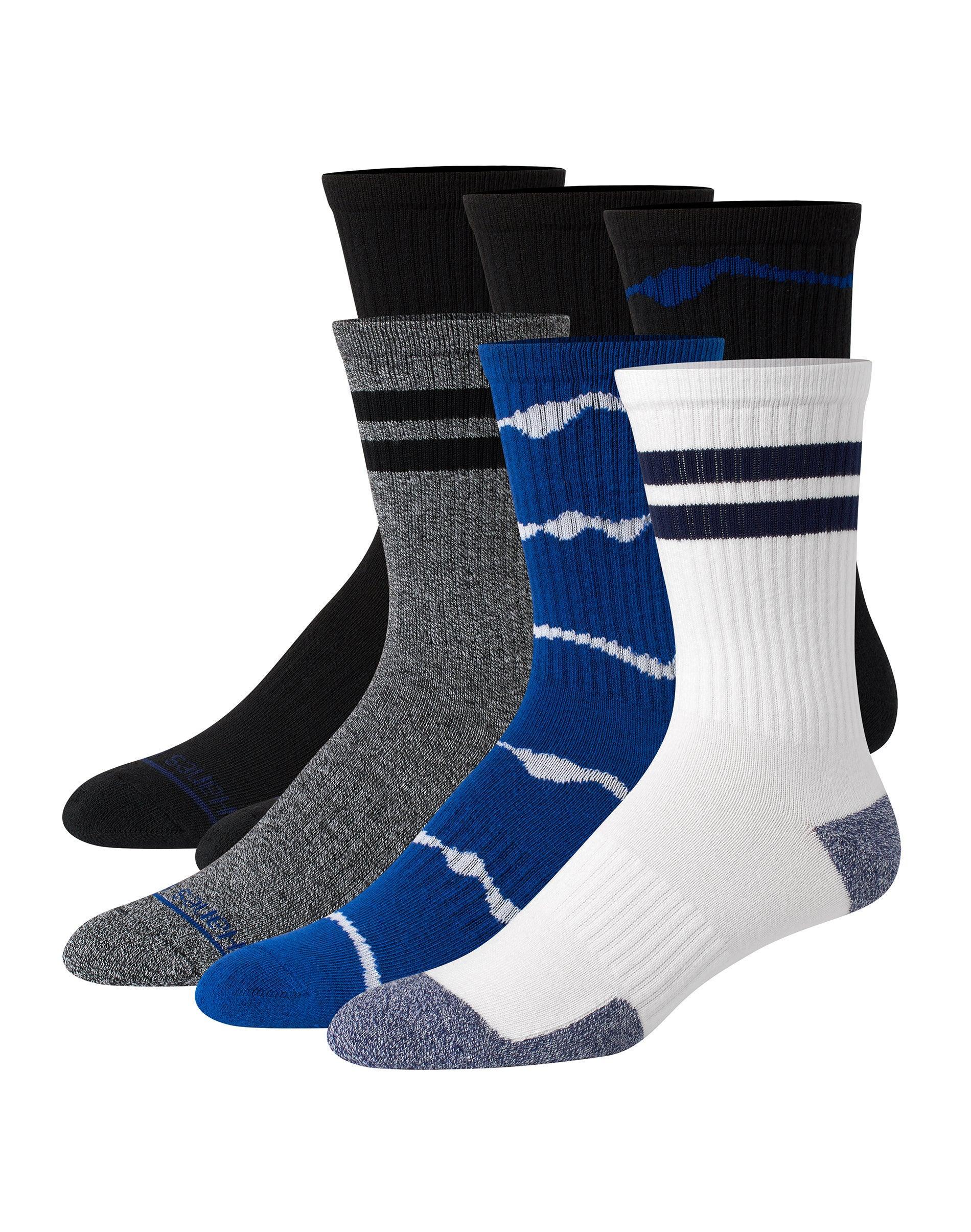 Hanes Originals Mens Crew Socks, Moisture Wicking, 6-Pairs Blue Assorted/Abstract Stripe 6-12 Product Image