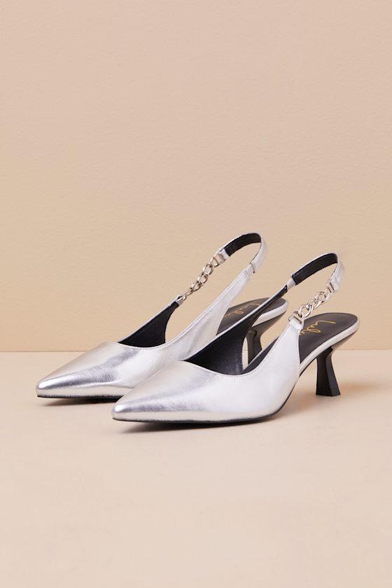 Jonnah Silver Chain Slingback Strap Pointed-Toe Pumps Product Image