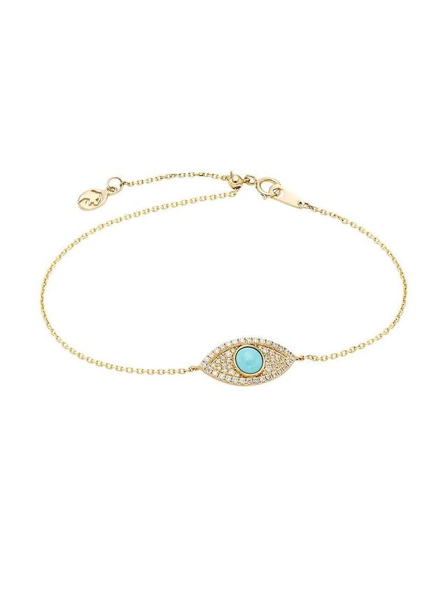 Womens 14K Yellow Gold, Diamond & Turquoise Evil Eye Charm Bracelet Product Image