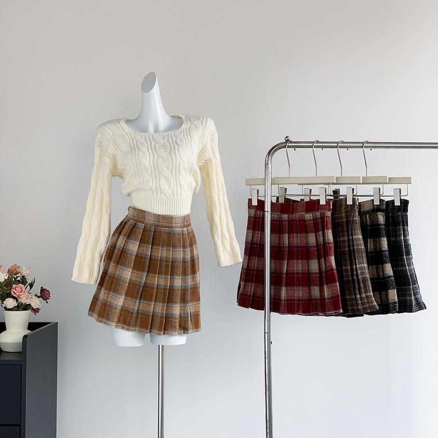 High Waist Plaid Pleated Mini A-Line Skirt Product Image