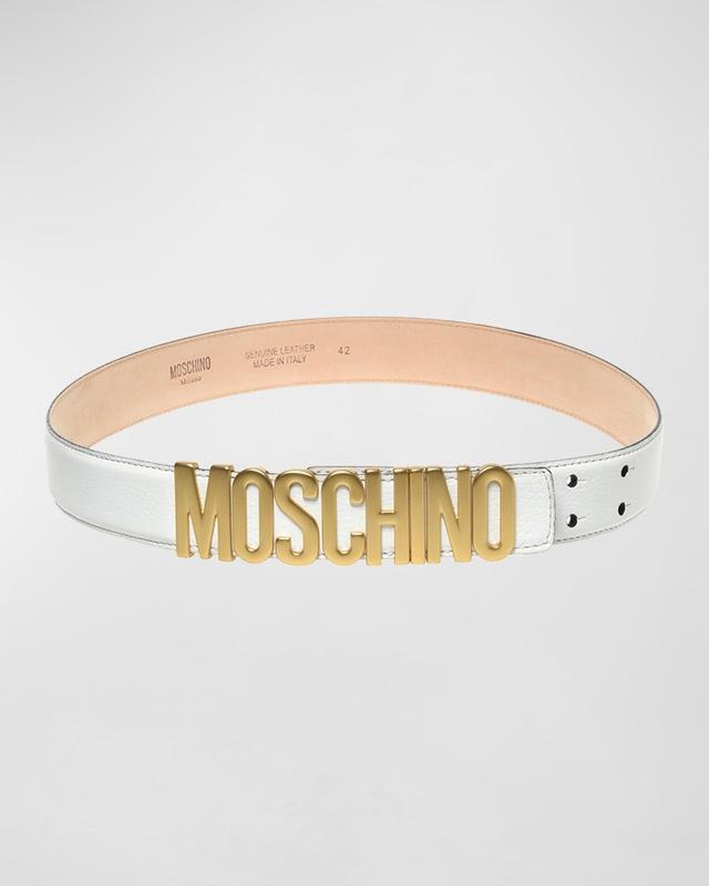 Moschino Men's Leather Logo-Buckle Belt - Size: 38in / 95cm - WHITE/GOLD Product Image