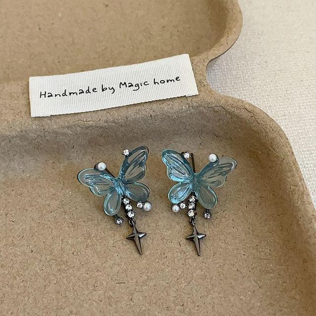 925 Sterling Silver Butterfly Rhinestone Star Drop Earring Product Image