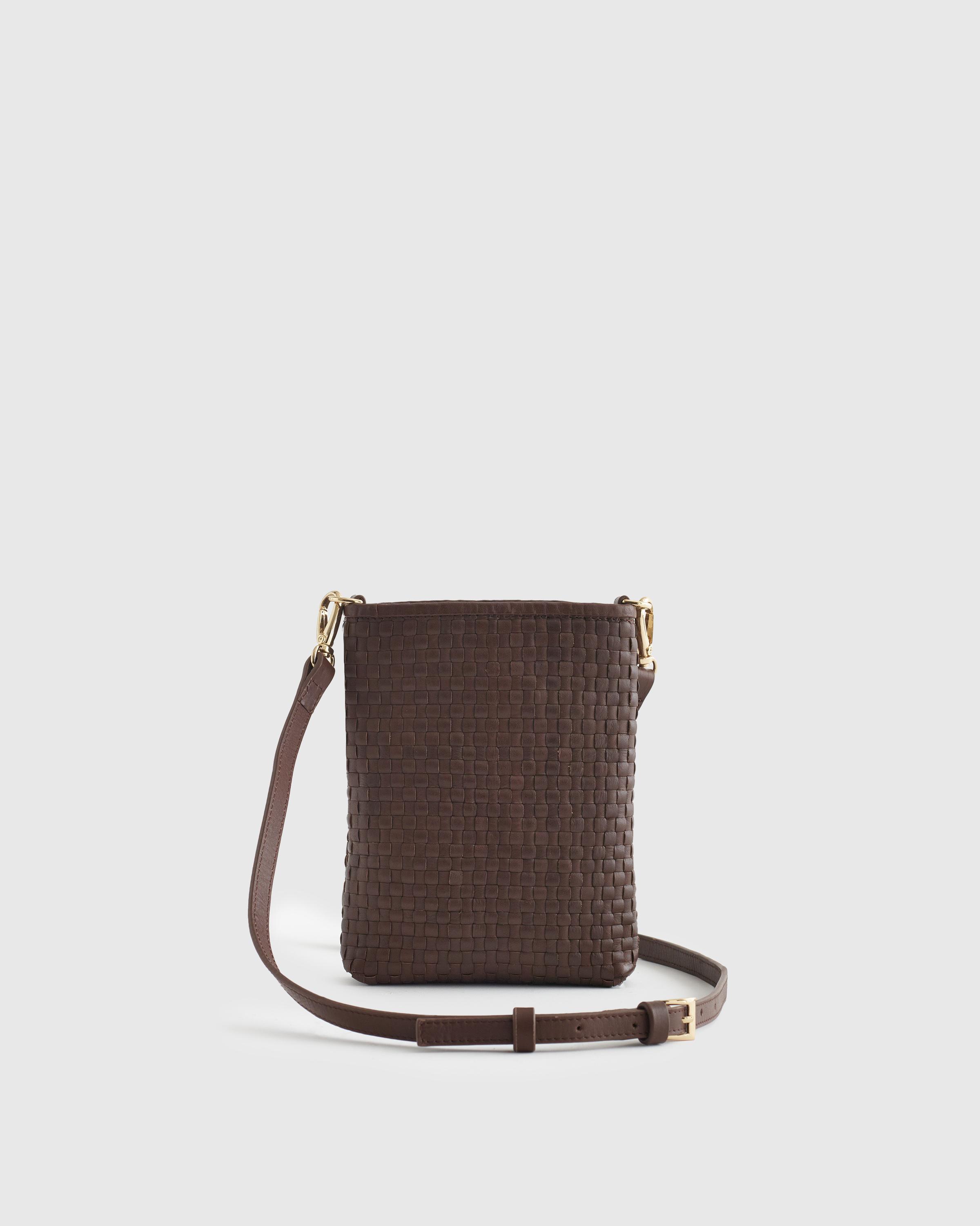 Womens Italian Leather Handwoven Phone Crossbody in Dark Brown by Quince Product Image