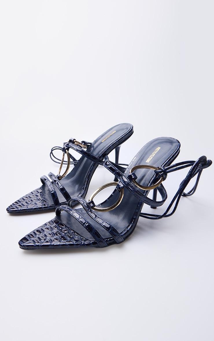 Blue Croc Pu Point Toe Ring Detail Lace Up Heeled Sandals Product Image