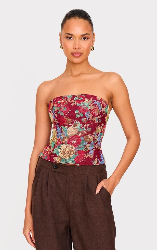 Burgundy Woven Jacquard Bandeau Long Top Product Image