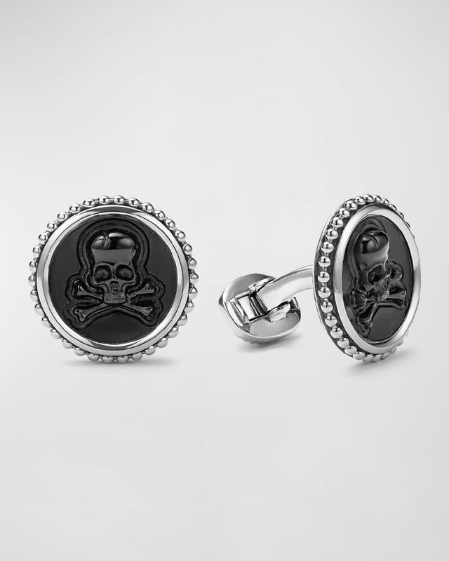 Men's Sterling Silver Anthem Black Agate Skull Cufflinks, 20mm Product Image