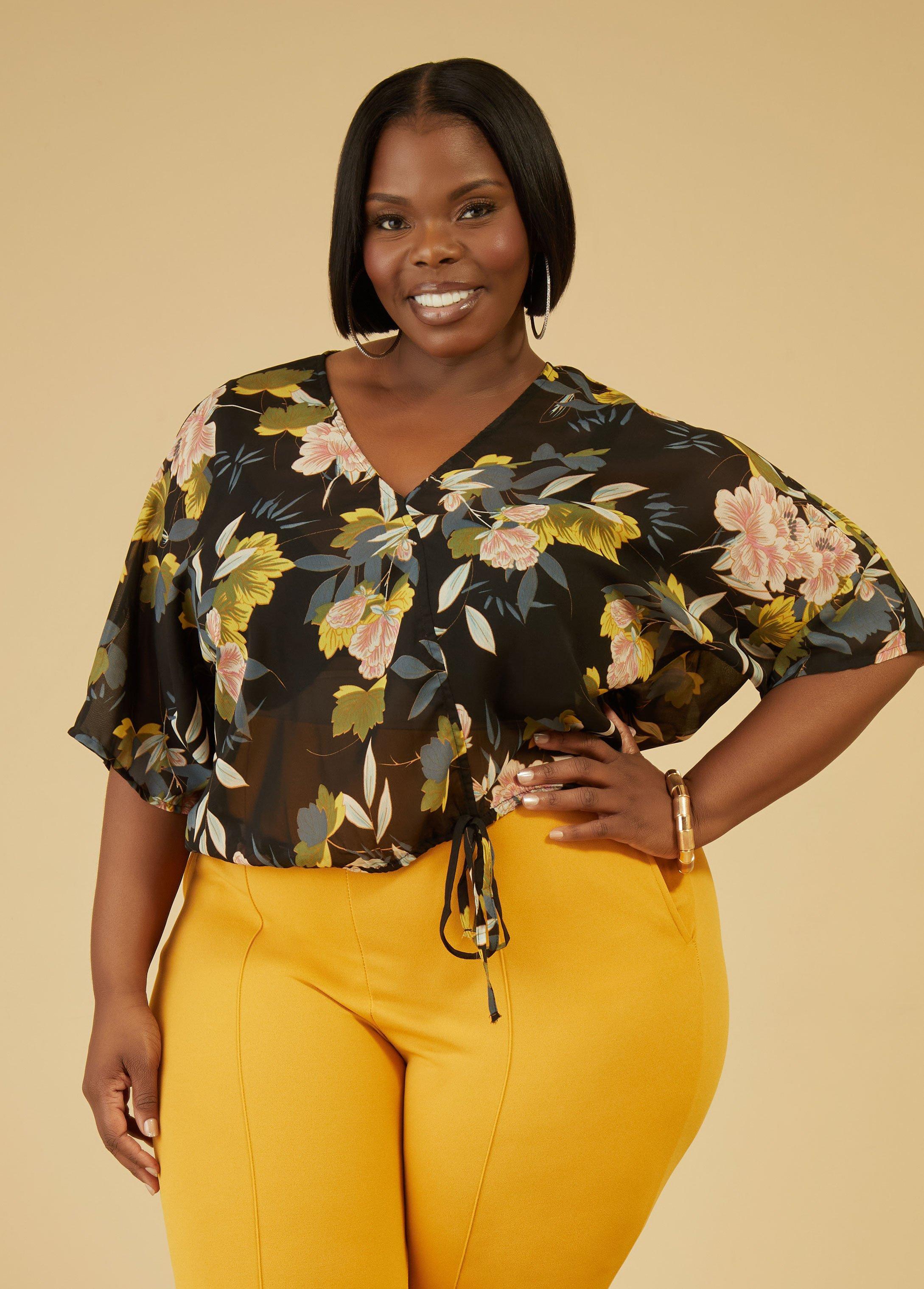 Plus Size Tie Detailed Floral Print Blouse Ashley Stewart Product Image