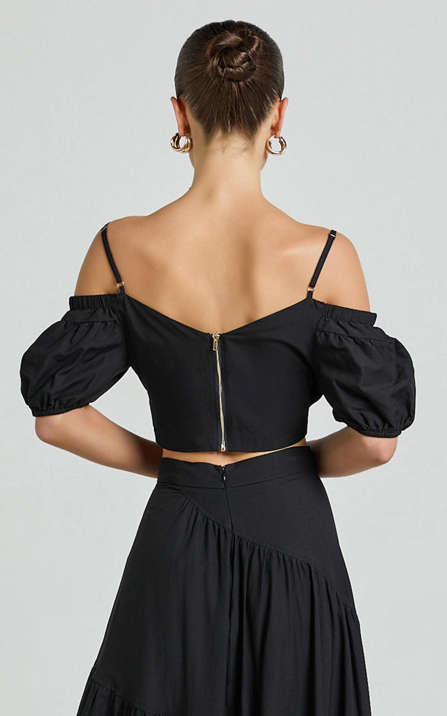 Bella Top - Off Shoulder Cross Over Puff Sleeve Crop Top in Black Product Image