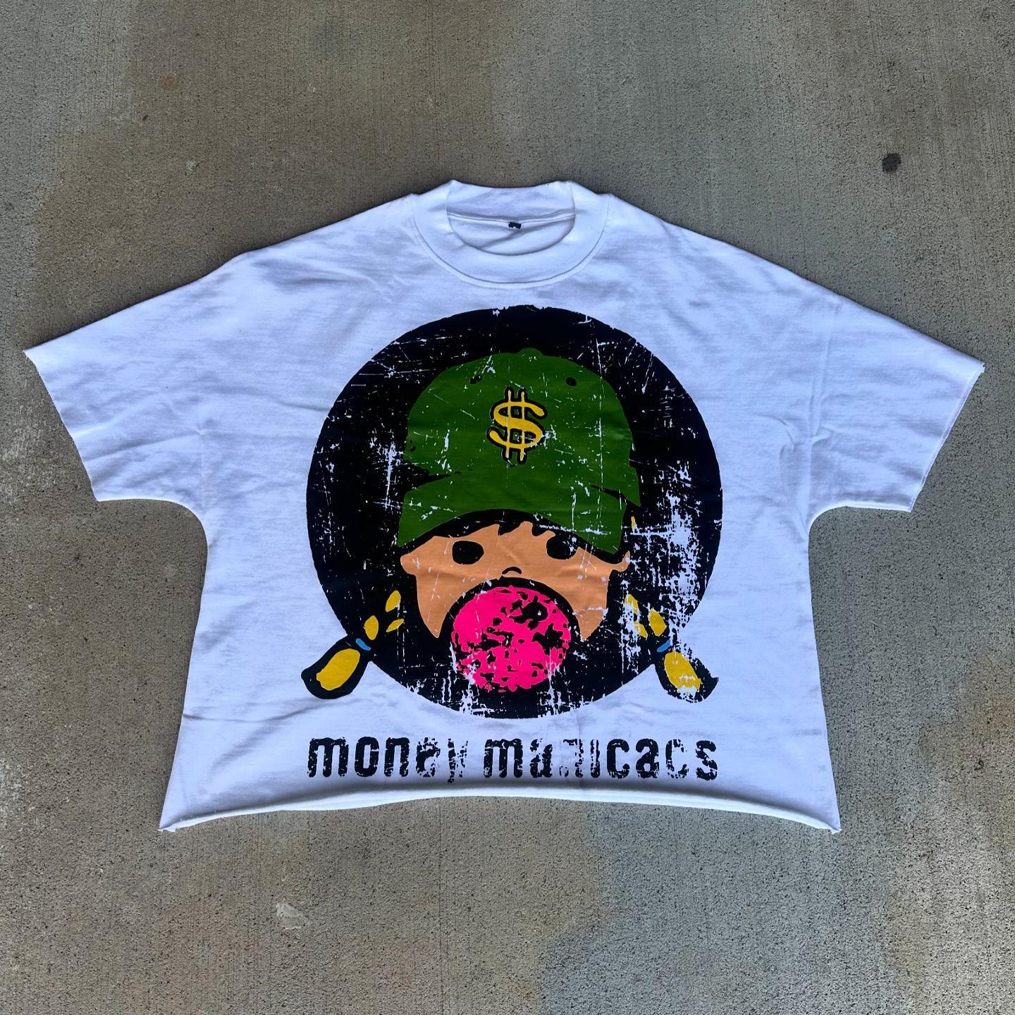 Vintage Money Maniac Print Cotton Short Sleeve T-Shirt Product Image