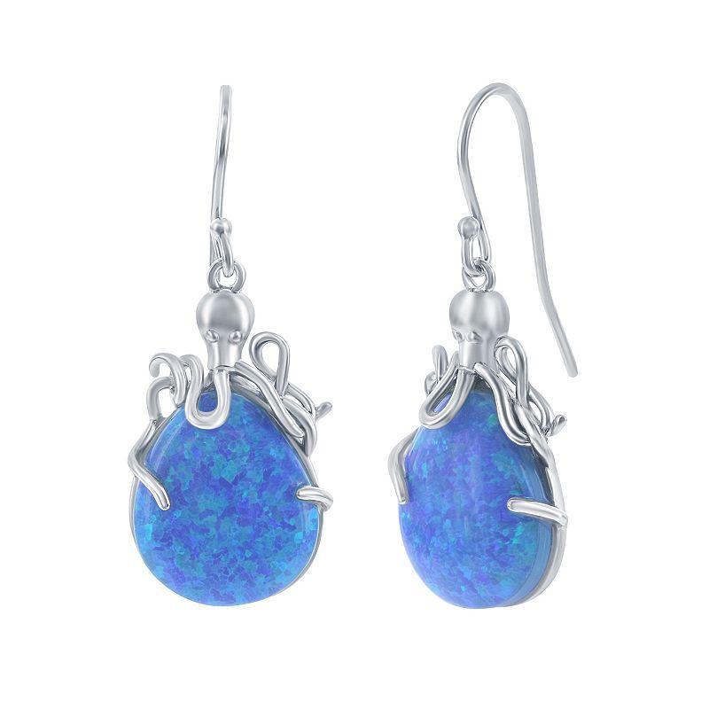 Sterling Silver Lab-Created Blue Opal Octopus Earrings, Womens Product Image