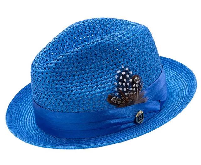 Cobalt Blue Solid Color Pinch Braided Fedora With Matching Satin Ribbon Product Image