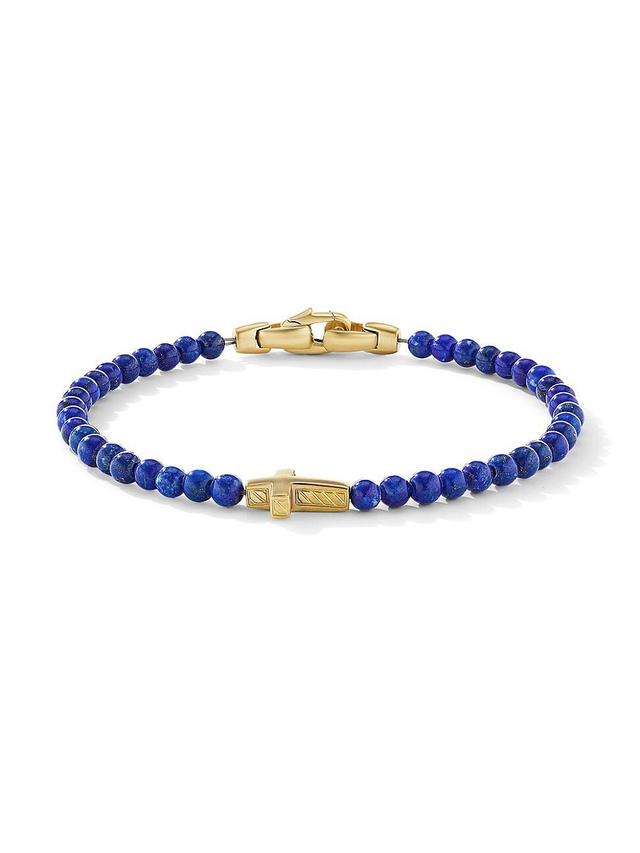 Mens Spiritual Beads 18K Yellow Gold & Lapis Cross Station Bracelet Product Image