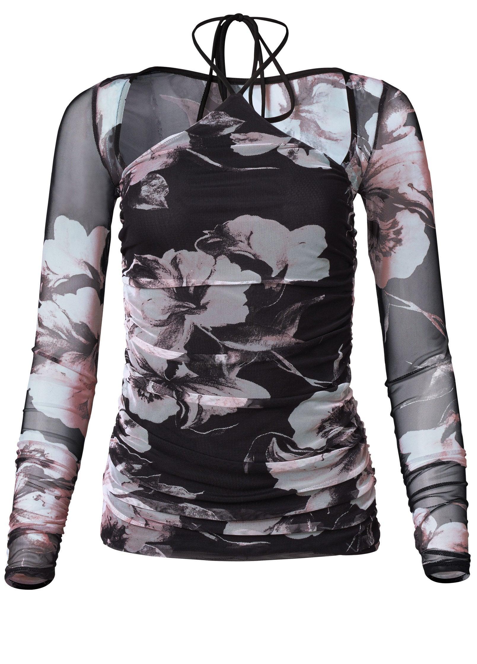 Floral Mesh Y-Neck Top - Pink Multi Product Image