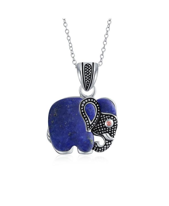 Bling Jewelry Bali Style Indian Elephant Tribal Blue Natural Lapis Lazuli Pendant Oxidized Sterling Silver Necklace For Women With Chain - Blue lapis Product Image