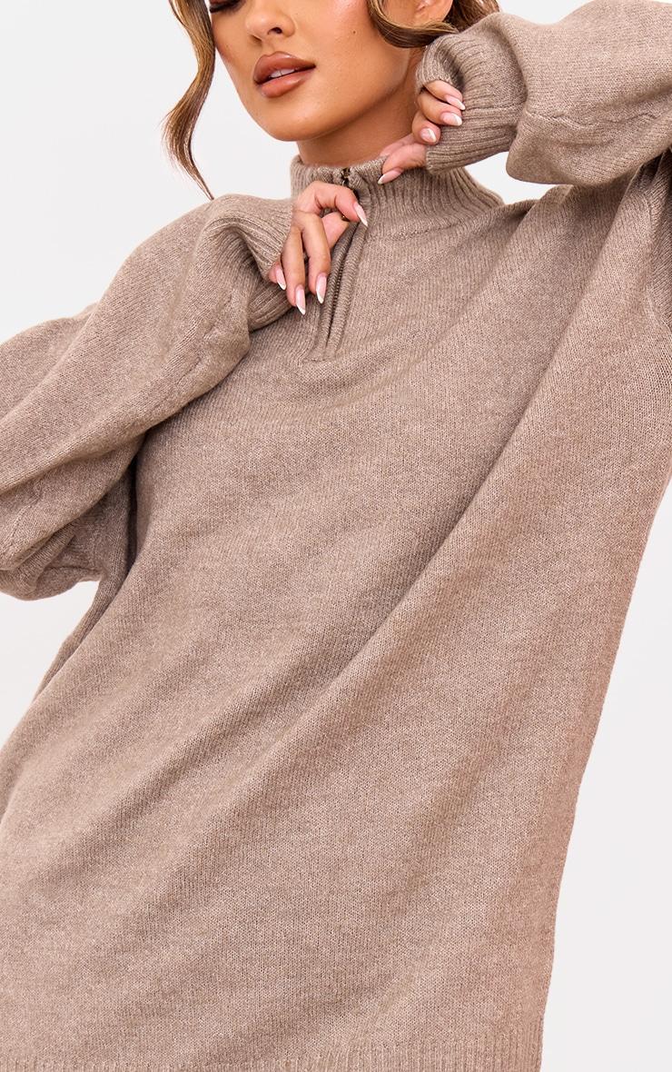 Taupe Knitted Slouchy Half Zip Sweater Product Image