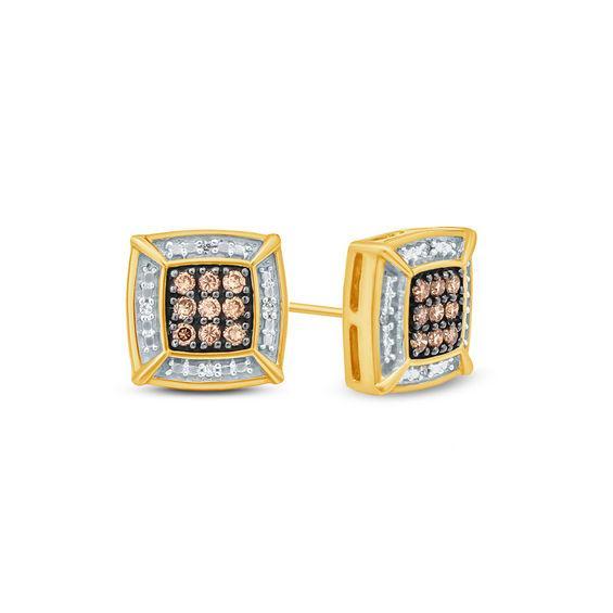 Men's 1/5 CT. T.w. Champagne and White Composite Diamond Cushion Stud Earrings in 10K Gold and Black Rhodium Product Image